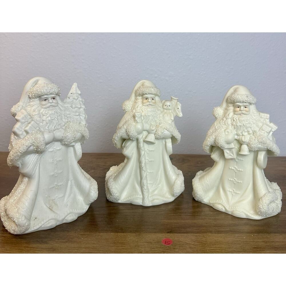 Vintage White Santa Figurines Set of 3 Flocked Glitter Christmas Decor